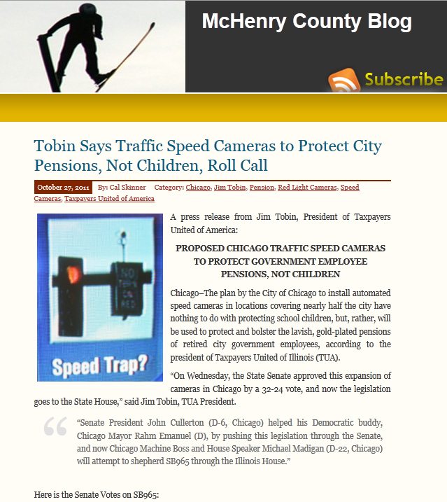 McHenry County Blog | Tobin Says Traffic Speed Cameras to Protect City Pensions, Not Children, Roll Call