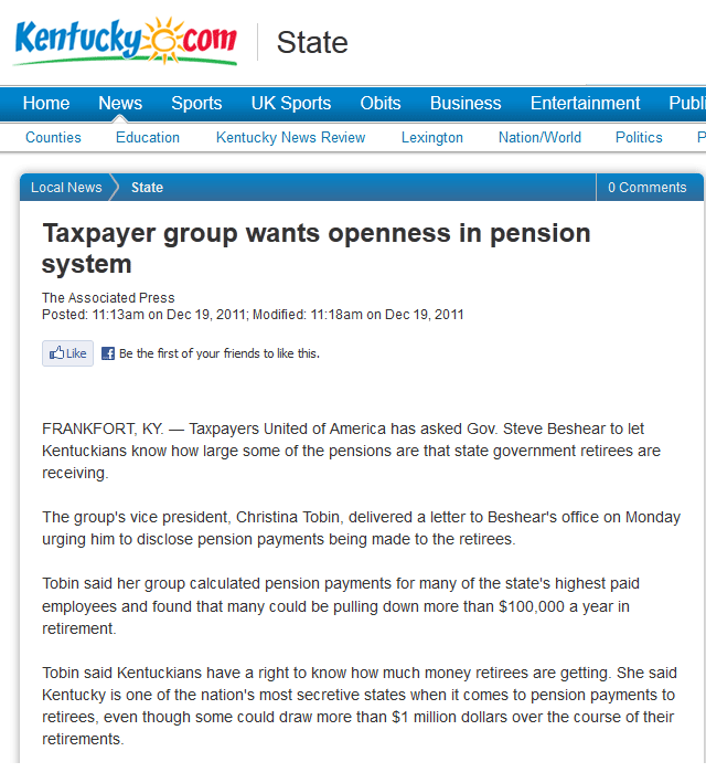 Herald-Leader (Associated Press) | Taxpayer group wants openness in pension system