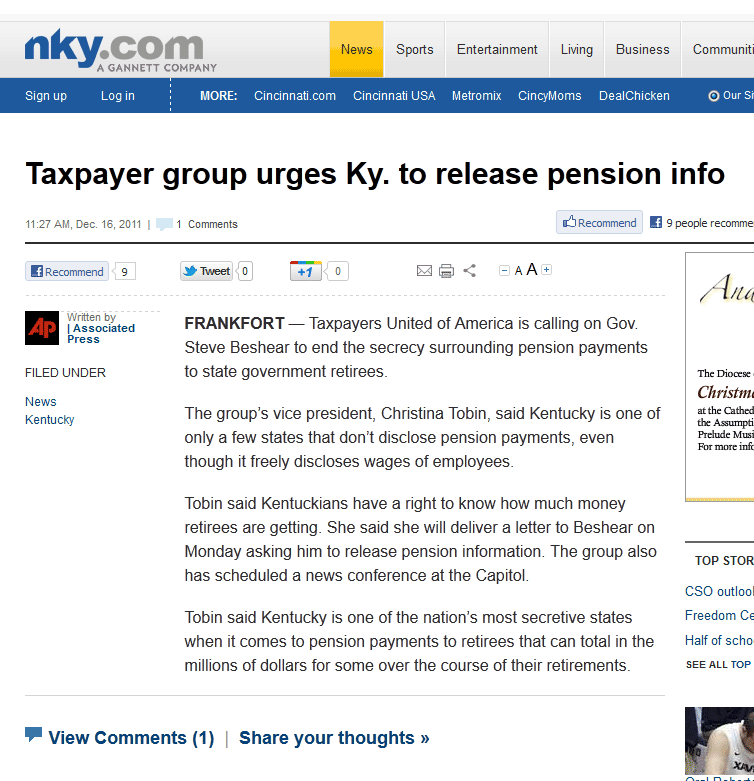 nky.com | Taxpayer group urges Ky. to release pension info