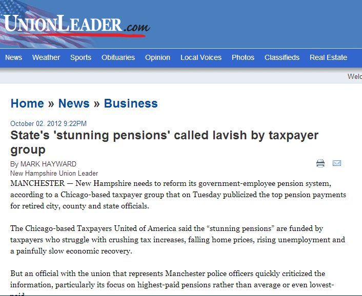 Union Leader | State's 'stunning pensions' called lavish by taxpayer group