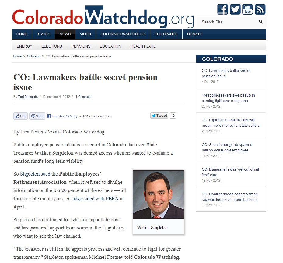Colorado Watchdog | CO: Lawmakers battle secret pension issue
